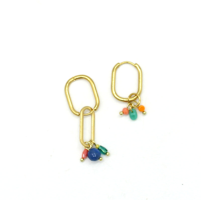 Boucles d'oreilles, style créole rectangulaire en acier doré, pampilles couleur corail, bleu, vert lagon