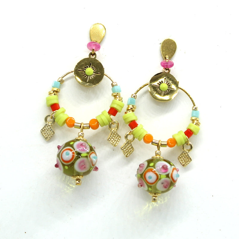 Boucles d'oreilles avec perles en verre de Murano anis transparent, décor orange, fuschia, lagon, autre perles en verre.