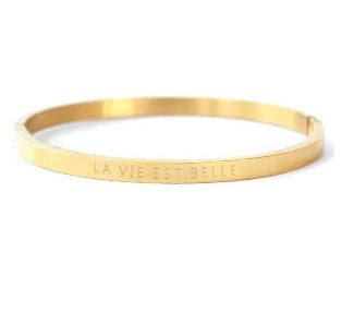 Jonc articulé acier doré gravé la vie est belle