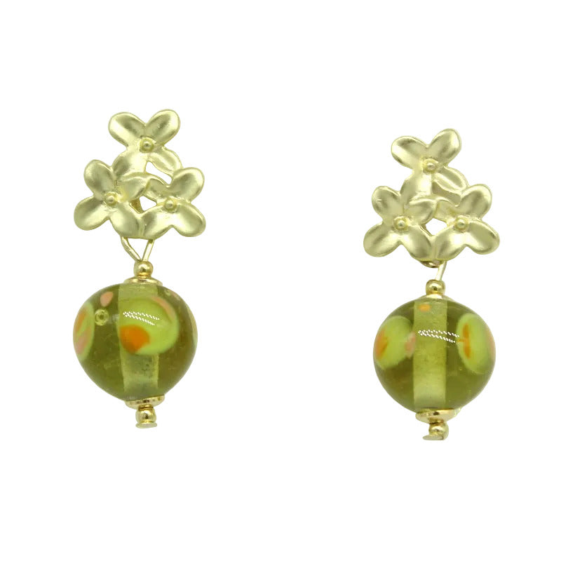 boucles d'oreilles Fermoir trio de fleur perle murano anis orangé
