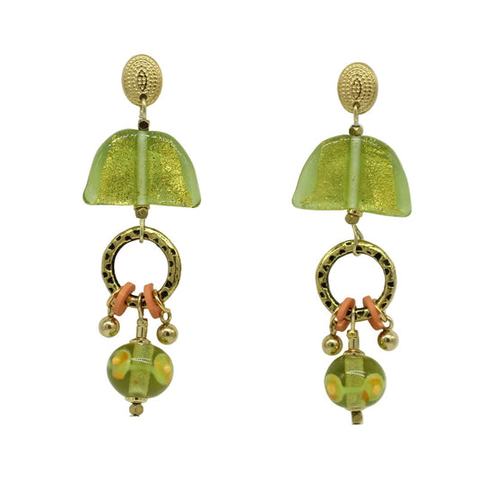 Boucles d'oreilles perles demi-lune anis et perle murano vert anis orangé