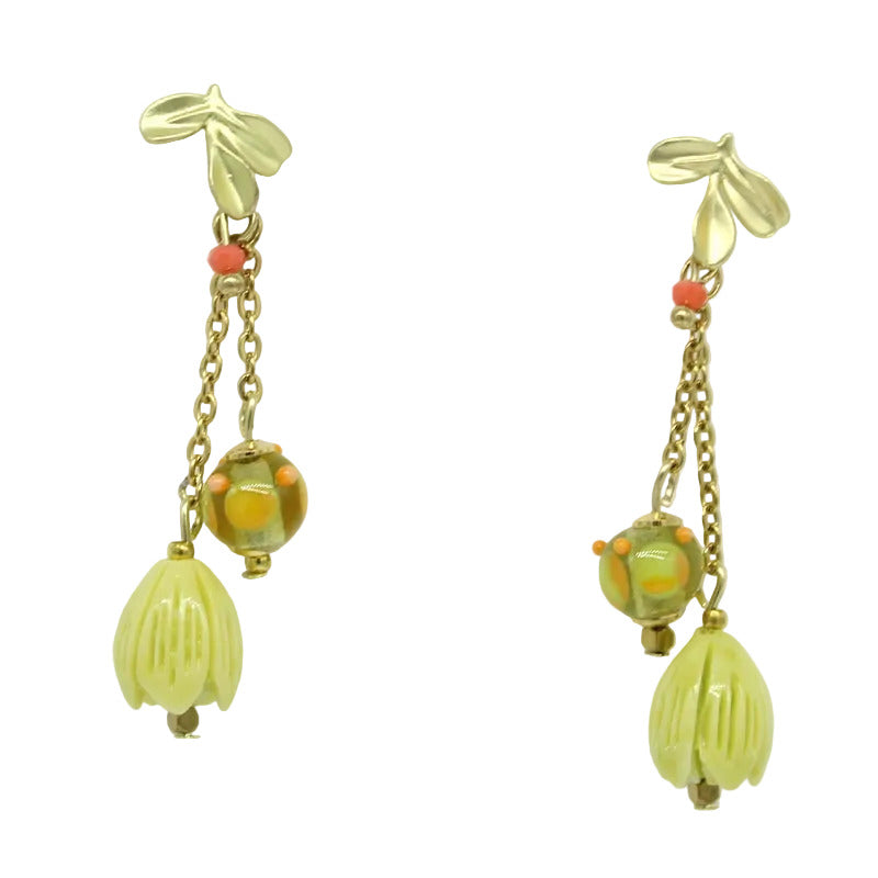 Boucles d'oreilles fermoir pétales, perle en verre de murano anis