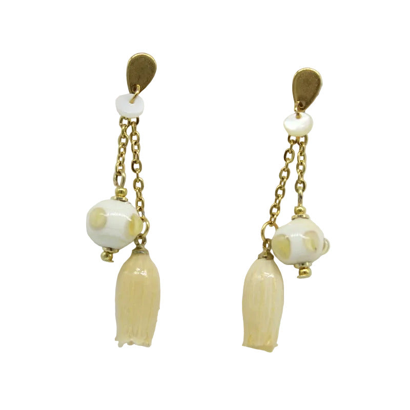 Boucles d'oreilles chaine acier doré fleur et perles murano ivoire
