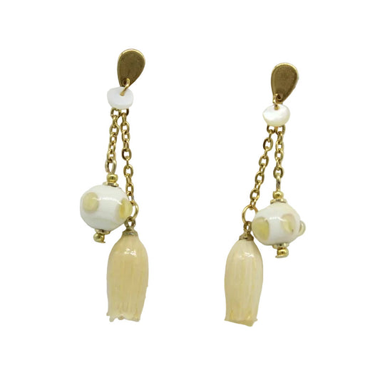 Boucles d'oreilles chaine acier doré fleur et perles murano ivoire