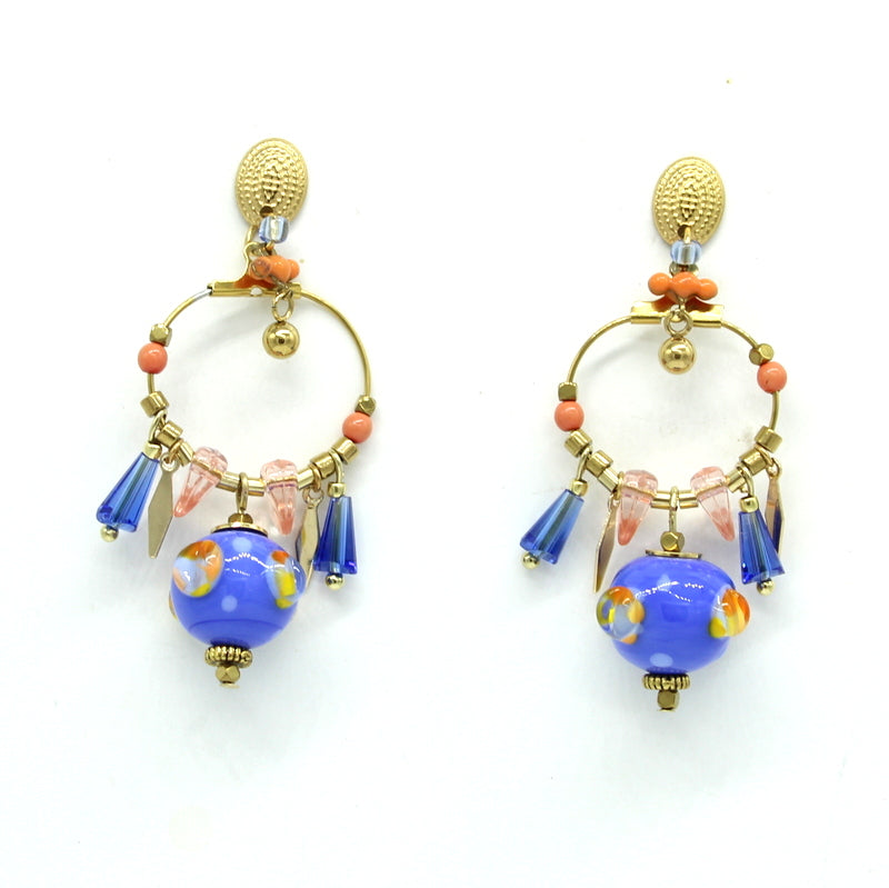 Boucles d'oreilles pampilles en verre de murano bleu et corail