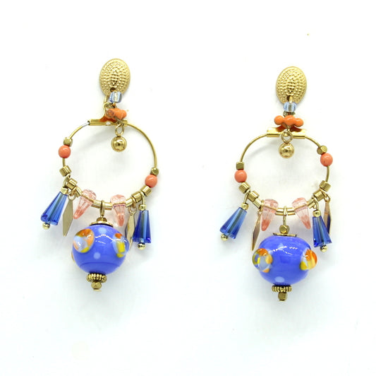 Boucles d'oreilles pampilles en verre de murano bleu et corail