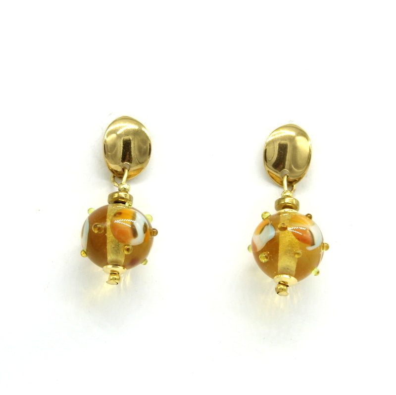 Boucles d'oreilles Salvia en acier doré avec puce lisse et perle pendante en verre de Murano topaz.