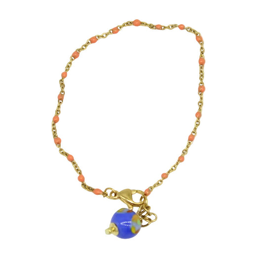 Bracelet chaine boule émail corail perle murano bleu corail