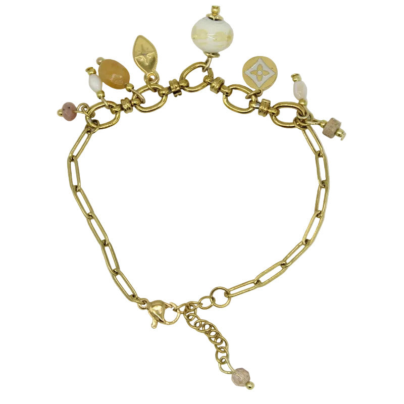 Bracelet chaine en acier doré pampilles pierre et verre de murano, ivoire, jaune , rosé