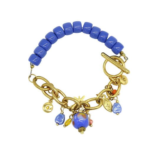 Bracelet rondelle verre bleue pampilles métal et murano bleu corail
