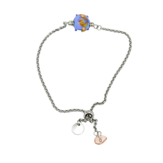 Bracelet chaine avec bague de réglage en acier et murano bleu corail
