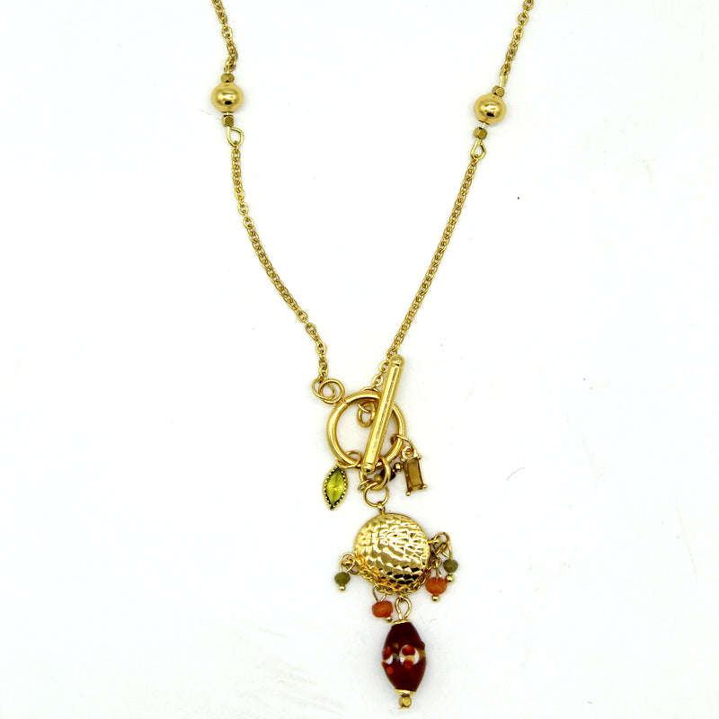 coller doré pendentif martelé perle murano marron ivoire
