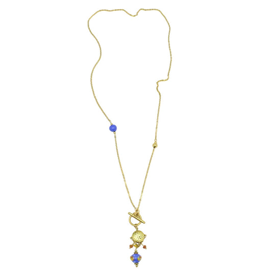 Collier long motif martelé doré perle en verre de Murano bleu