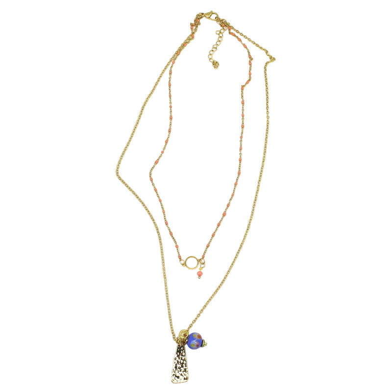 Collier double chain boule en email corail et perle en verre de murano bleu corail