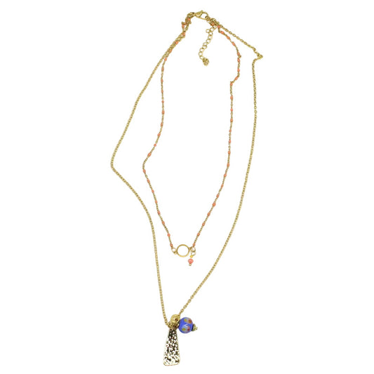 Collier double chain boule en email corail et perle en verre de murano bleu corail