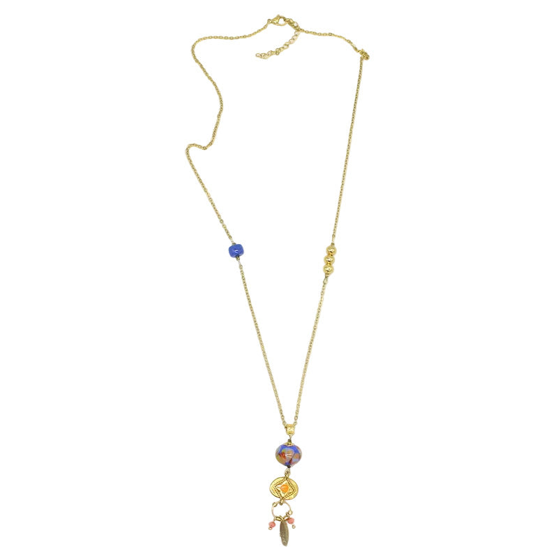 Collier avec pendentif émail orange et perle en verre de murano bleu