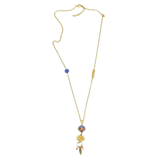Collier avec pendentif émail orange et perle en verre de murano bleu