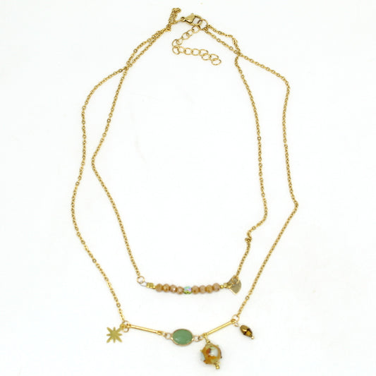 Collier ras de cou double rang Salvia en acier doré avec perle en verre de Murano topaz et perles de verre colorées.