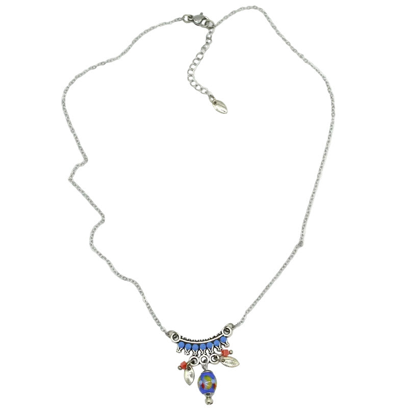 Collier ras de cou en acier ethnique avec perle murano bleu