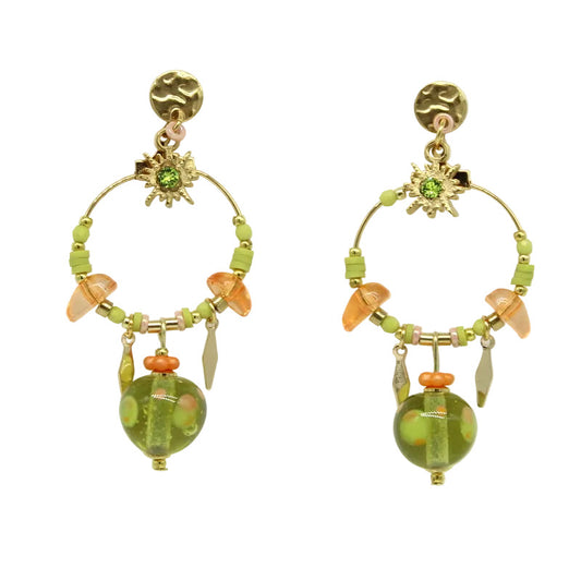 Boucles d'oreilles créoles pampilles murano anis orangé acier doré